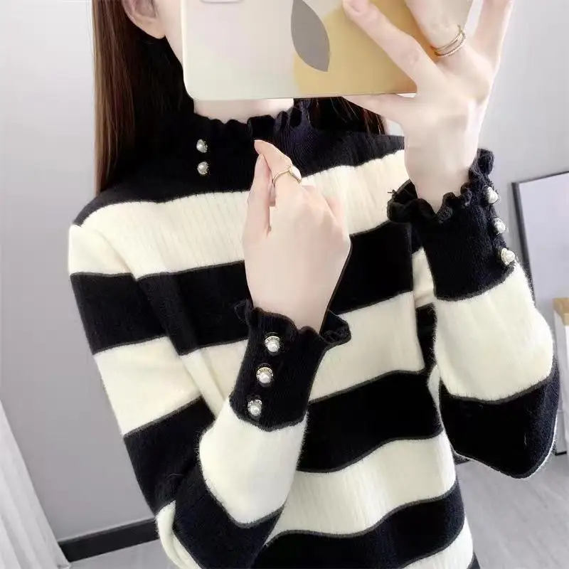 Autumn Winter Contrast Color Half High Collar Striped Button Long Sleeve Pullover Women\'s Clothing Sweater Knitted Sweet Tops