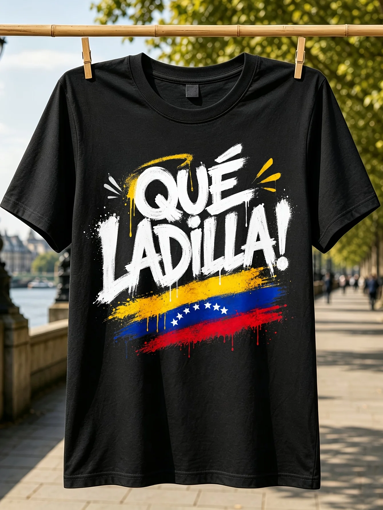 Que Ladilla Venezuelan Fl-ag Graphic Graffiti Lettering with Paint Drips and Tricolor Brush Stroke  Unisex All T-Shirt
