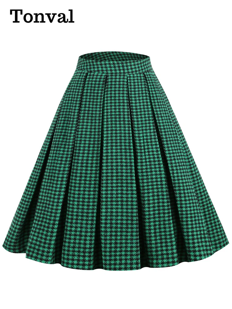 Tonval Green Houndstooth Plaid Vintage Pleated Skirts for Women 2023 Autumn Winter Elegant Knee Length Rockabilly Skirt