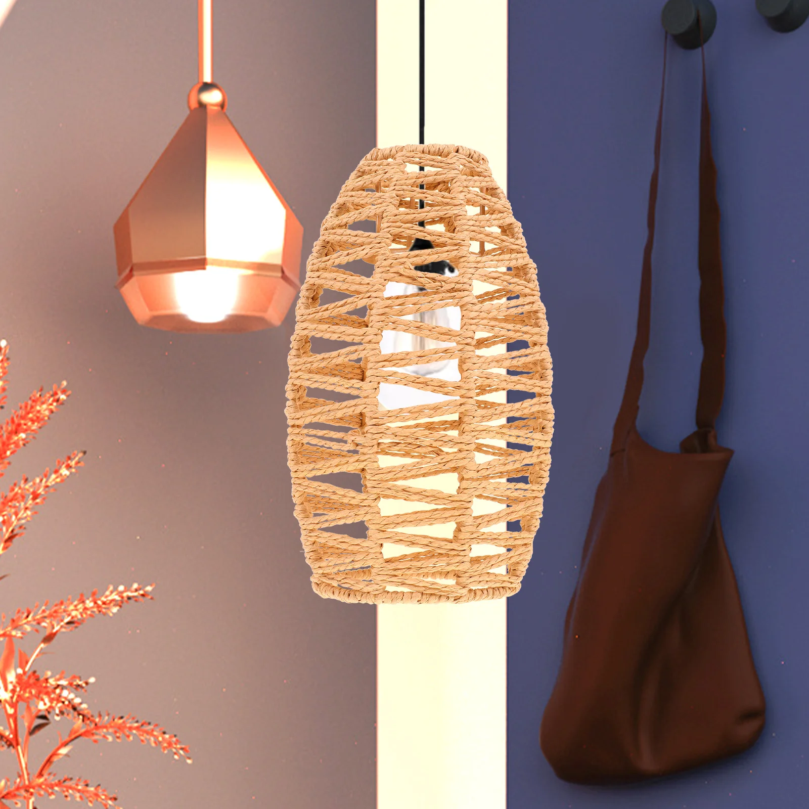 

Handmade Imitation Rattan Paper Rope Lampshade Durable Iron Frame Woven Pendant Lamp Shade for Home Decor Lampshade