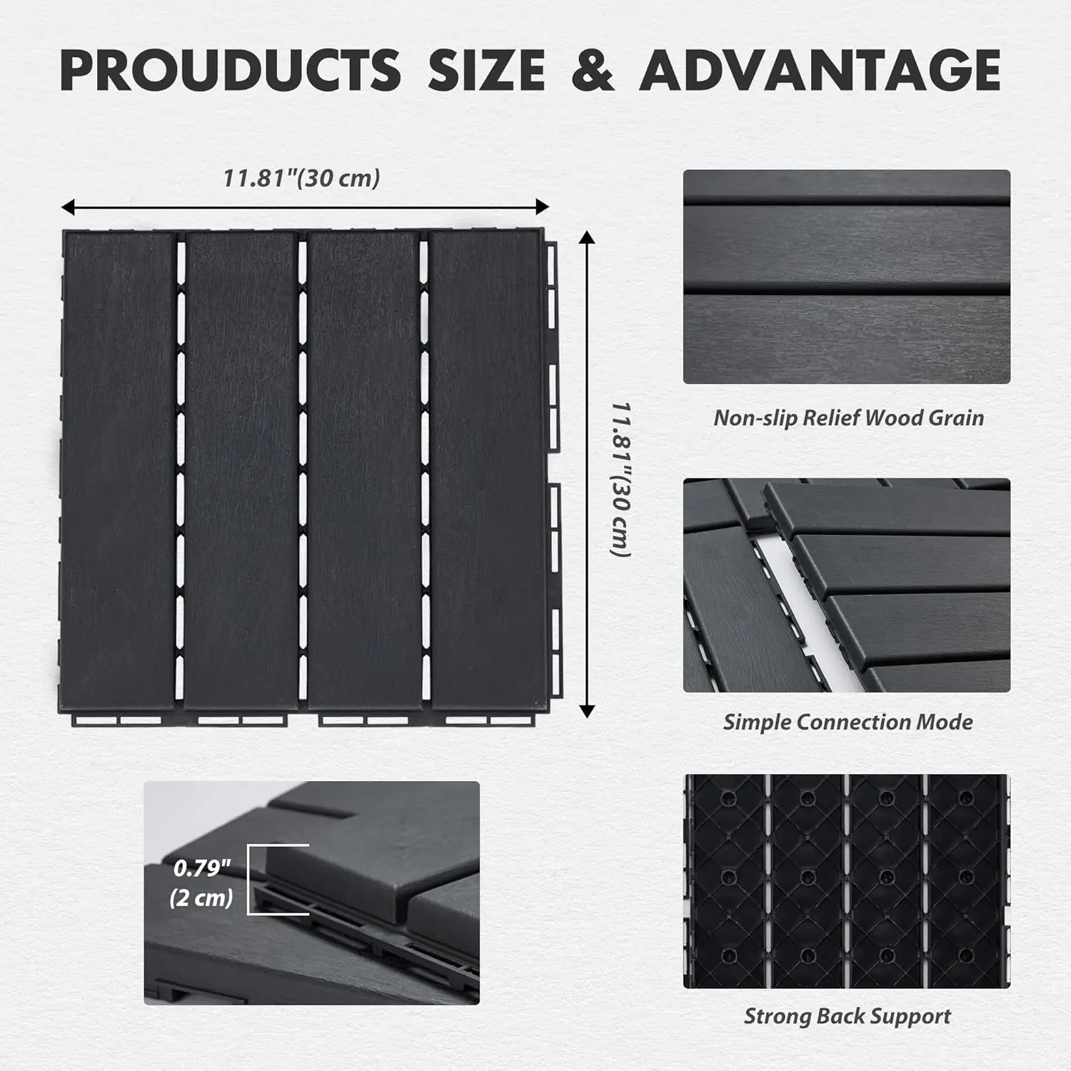 Carreaux de pont à emboîtement en plastique, pavés imperméables pour plancher extérieur, utilisation par tous les temps, sombre, pour jardin, porche et cour