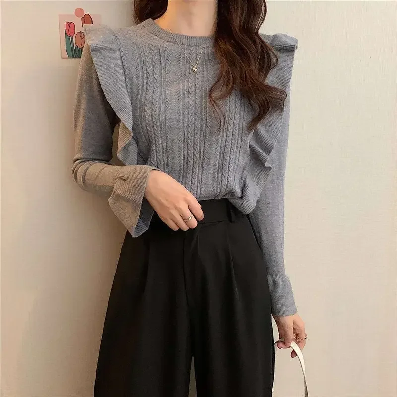 Ladies Sweaters Pullovers Round O Neck Grey Knitted Top for Women Jersey Winter 2024 Jumper Economics Long Sleeve Thermal Blouse