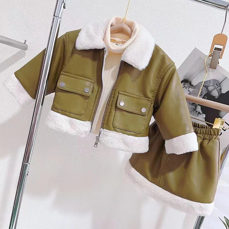 Girls' Plush Splicing Leather Suit 2024 Winter New Baby Girls Lapel Plus Fleece Coat Leather Skirt Two-piece Set 90-140cm