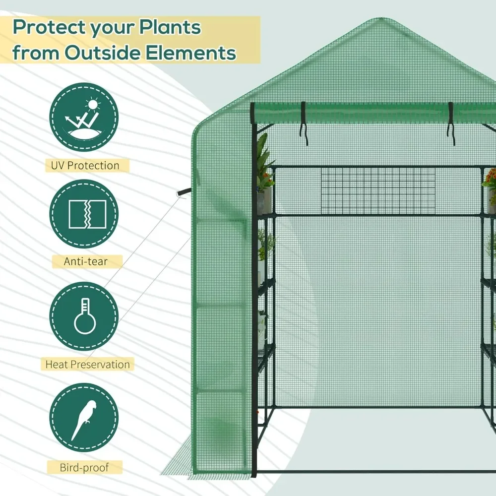 8' x 6' x 7' Walk-in Greenhouse with Mesh Door and Windows, 18 Shelf Green House with Trellis, Plant Labels, UV Protective