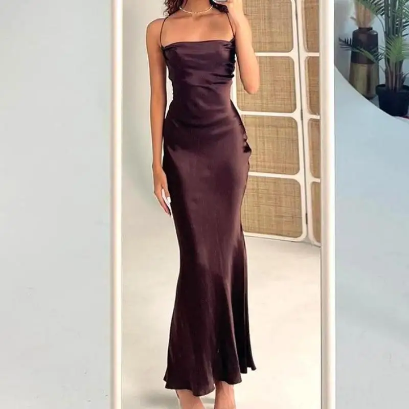 2025 summer new women's clothes sexy and elegant silk satin-textured fitted halter and lace-up long dress