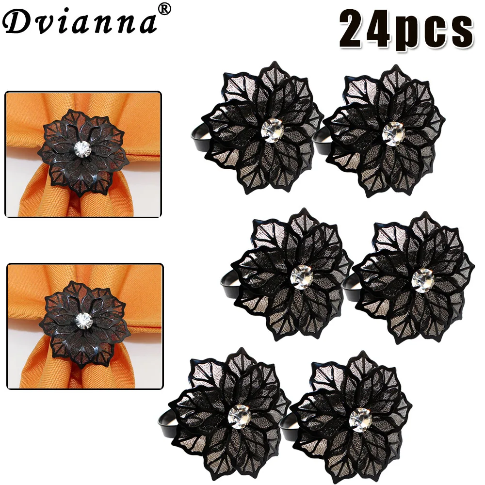 24Pcs Halloween Napkin Rings Black Rose Flower Napkin Holder for Dinner Party Wedding Christmas Gathering Halloween Decor HWM04