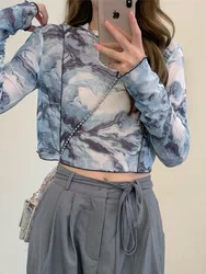 Long Sleeve T-shirts Women Tie-dye Printed Summer Sun-proof Cropped Tops Fashion High Street Gauze Korean Style Chic Teens Retro