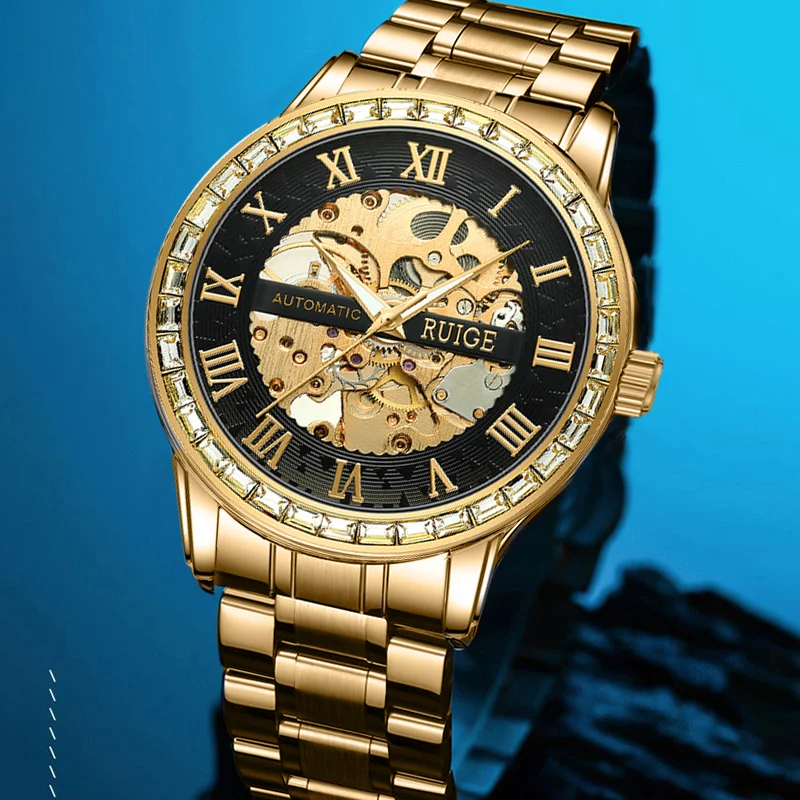 RUIGE Luminous hollow-out design stainless steel strap automatic mechanical watch, fashionable business men's wristwatch.