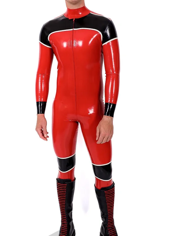 Catsuit Gummi en caoutchouc pur pour homme, 100% latex, cosplay, batterie rouge, costume Zentai, 0.4mm