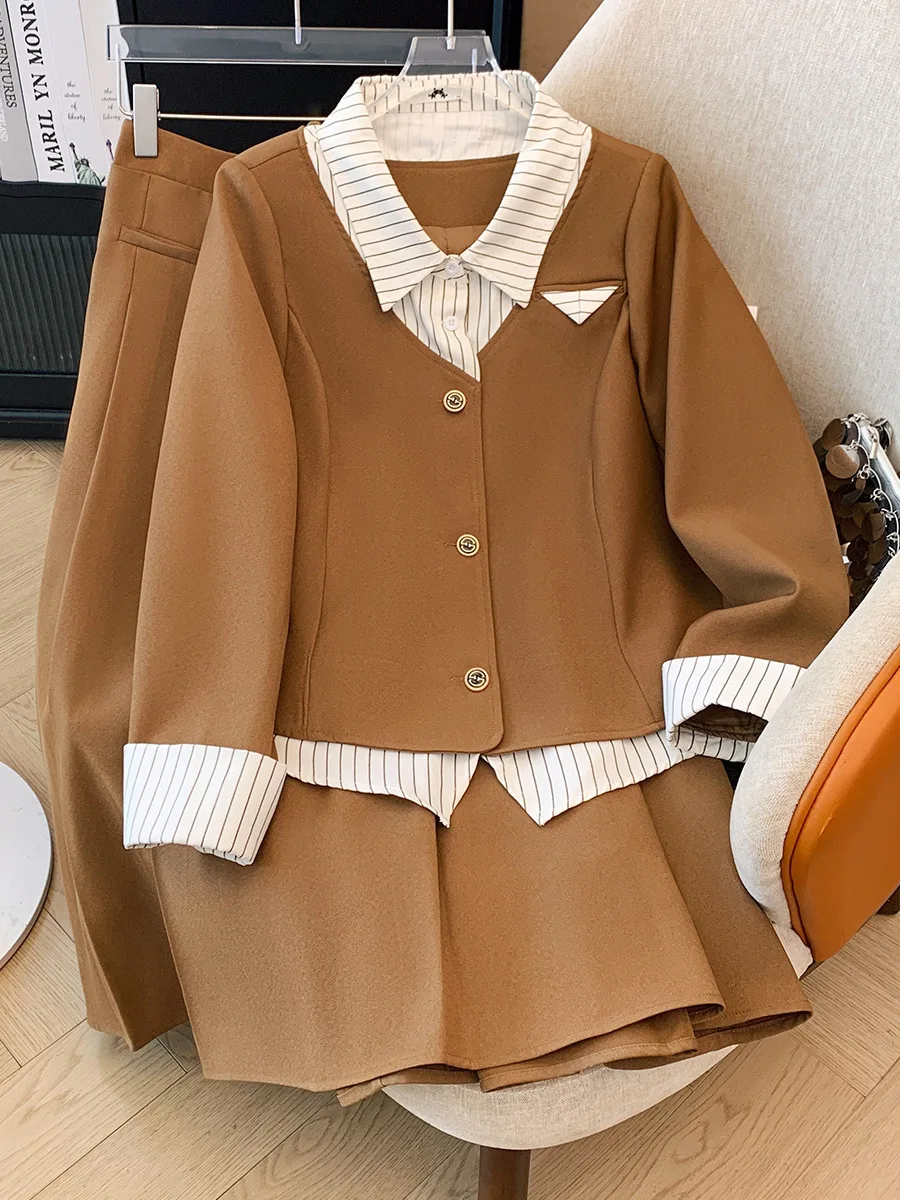 150Kg Plus Size Women's Bust 153 Autumn Loose Fake Two-Piece Jacket Retro Skirt College Style Two-Piece Set 5XL 6XL 7XL 8XL 9XL