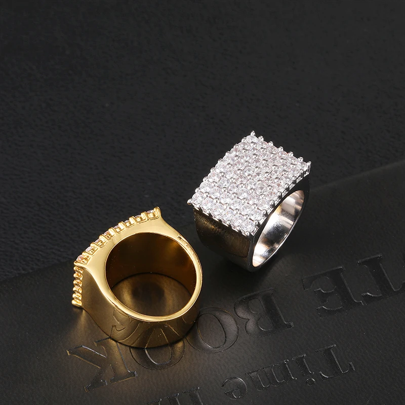 D&Z Fashion Classical Ice Out Cubic Zirconia Square Brass Ring for Men Waterproof Anti-corrosion Hip Hop Party Jewelry Gift