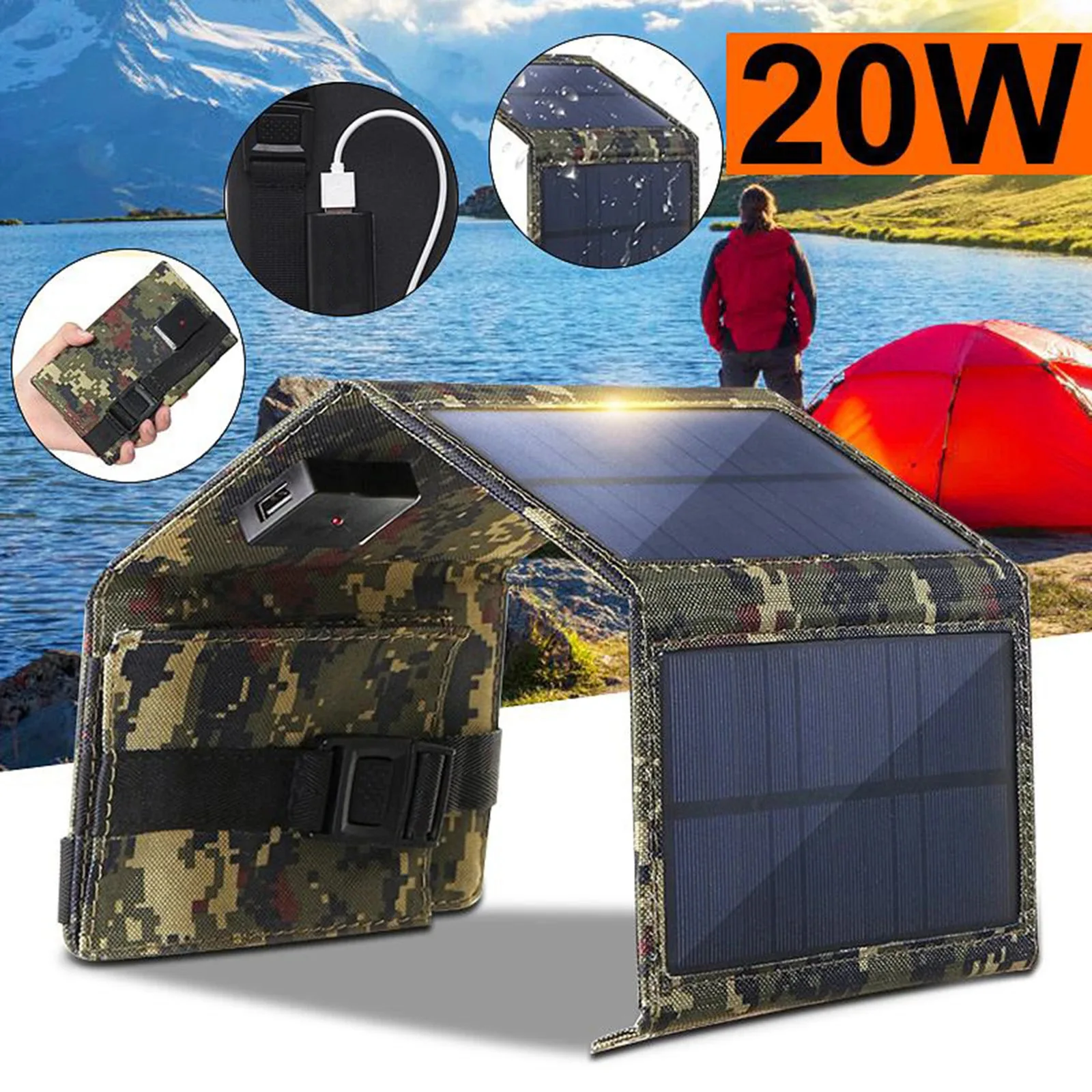 SMARAAD Waterproof 20W 5V 4-Fold USB Solar Panel Battery Portable Outdoor Mobile Phone Paneles solares Solar cell For Camping