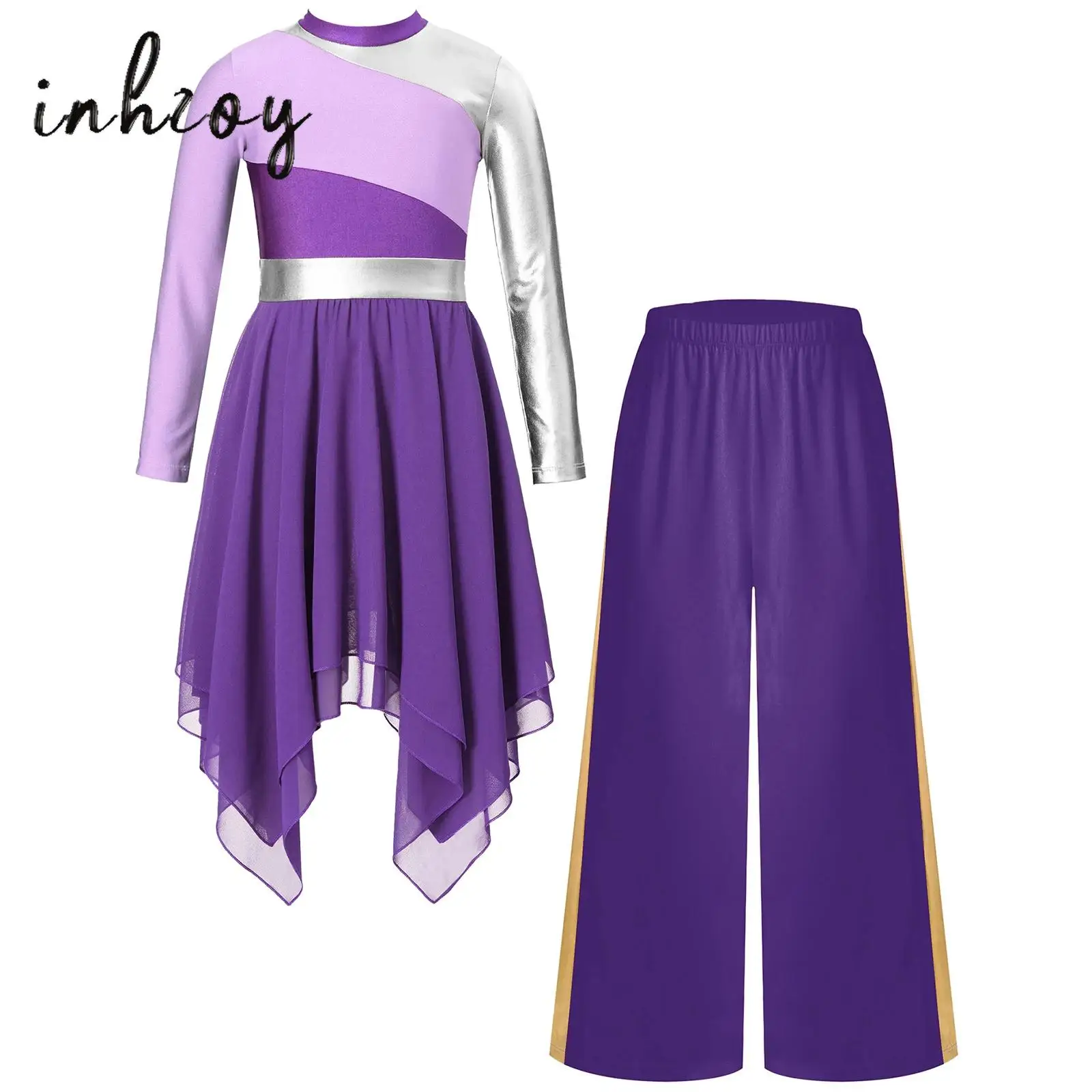 

Kids Girls Praise Worship Dance Costume Long Sleeve Asymmetrical Chiffon Hem Contrast Color Patchwork Dress with Wide-Leg Pants