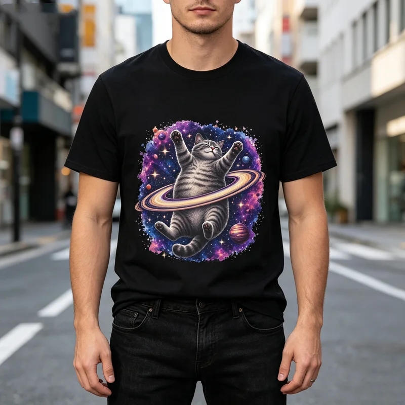 Space Ring Cat Graphic T Shirt Galaxy Saturn Cat Print Mens Womens Cotton Crew Neck Casual Y2k Top Harajuku Oversized T Shirt