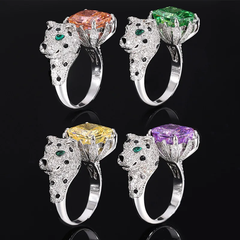 

Luxury Iced Cut 10*12MM Tourmaline Topaz Emerald Amethyst Leopard Rings for Women Party Fine Jewelry Accessories Bithday Gifts