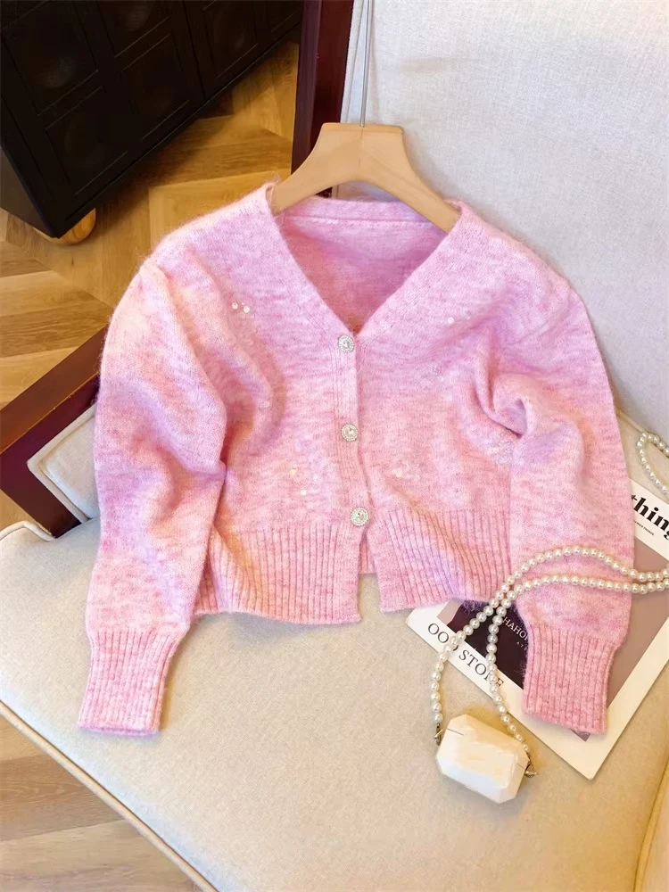 High-end Sequin V-neck Sweater Jacket for Women Autumn Winter Solid Soft Knitted Cardigan Office Lady Short Tops 2024 New