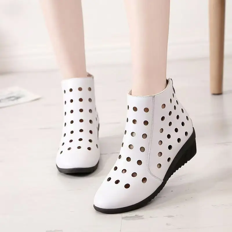

Women's Leather Hollow Out Wedges Cool Boots Spring Summer New Soft Sole Non Slip Round Toe Zippers Big Size Cave Ankle Boots