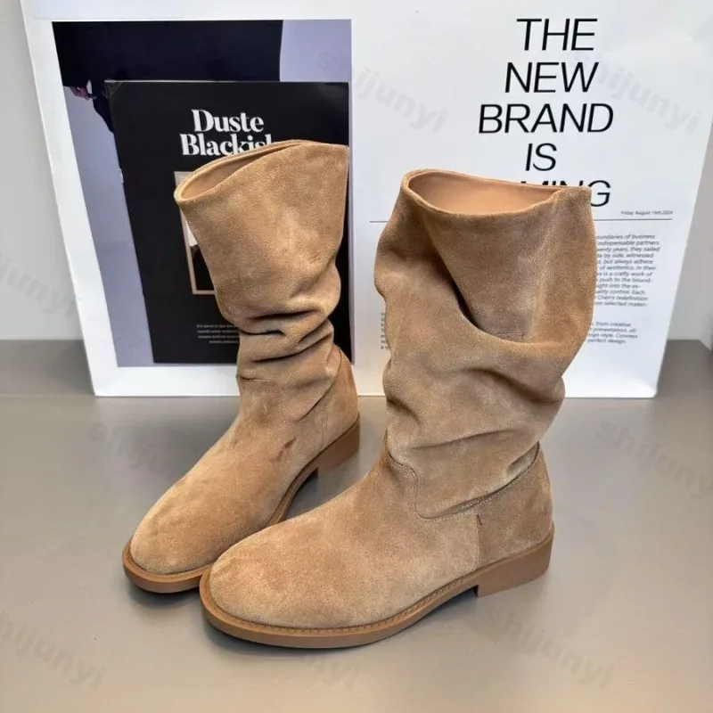 

Женские ботильоны, осень 2024, модные замшевые уличные нескользящие удобные короткие ботинки, женская повседневная обувь на низком каблуке, Botas Mujer