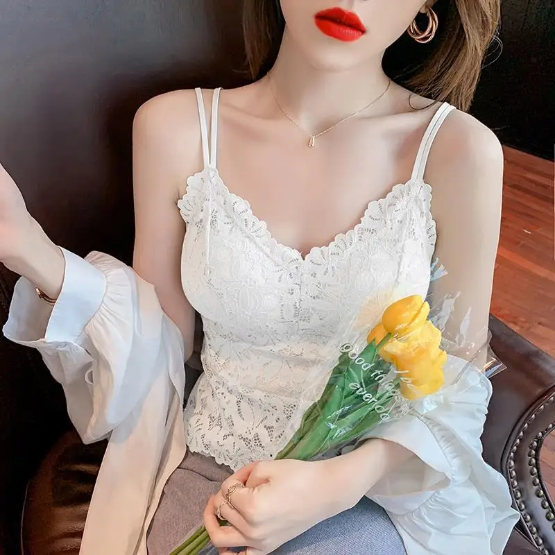 French back lace camisole vest with women's straps hollow chest cushion summer thin bottom versatile camisoles vests T-shirts