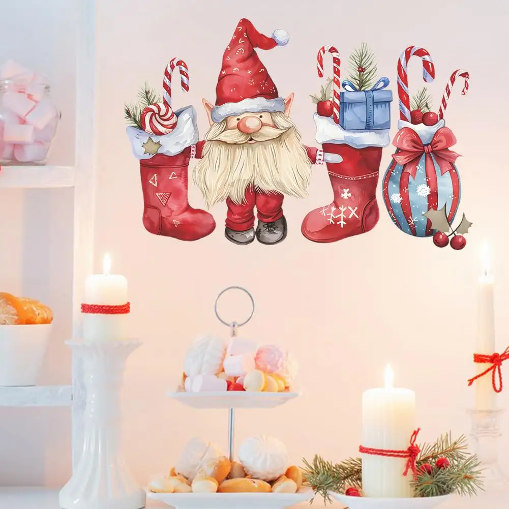 1 Sheet Christmas Wall Sticker Gnome Elf Stocking Candy Cane Gift Bag Waterproof PVC Self-adhesive Holiday Wall Art Decal