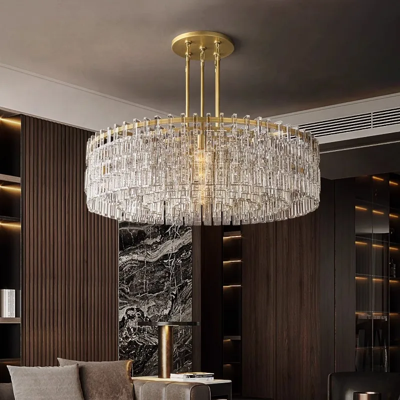 Round light luxury all copper LED crystal chandelier, lustre living room, dining room home lighting decoration ceiling light.