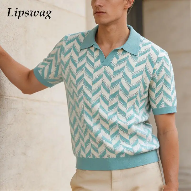 Vintage Knitted Jacquard Polo Shirts Mens Summer Vacation Turn-down Pullover Fashion Pattern Print Slim Short Sleeve Shirt Tops