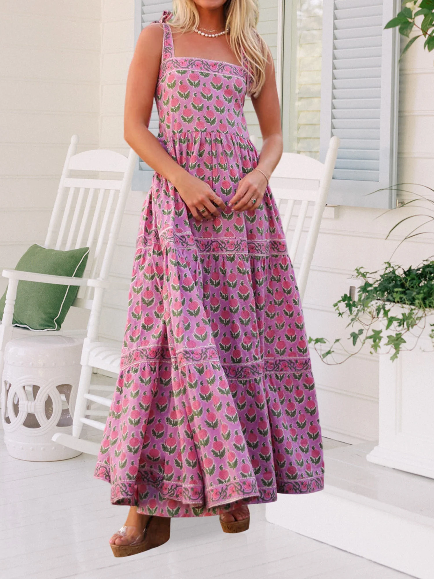 Vestido largo elegante con estampado floral para mujer con tirantes finos en morado - Vestido camisola de verano sin mangas