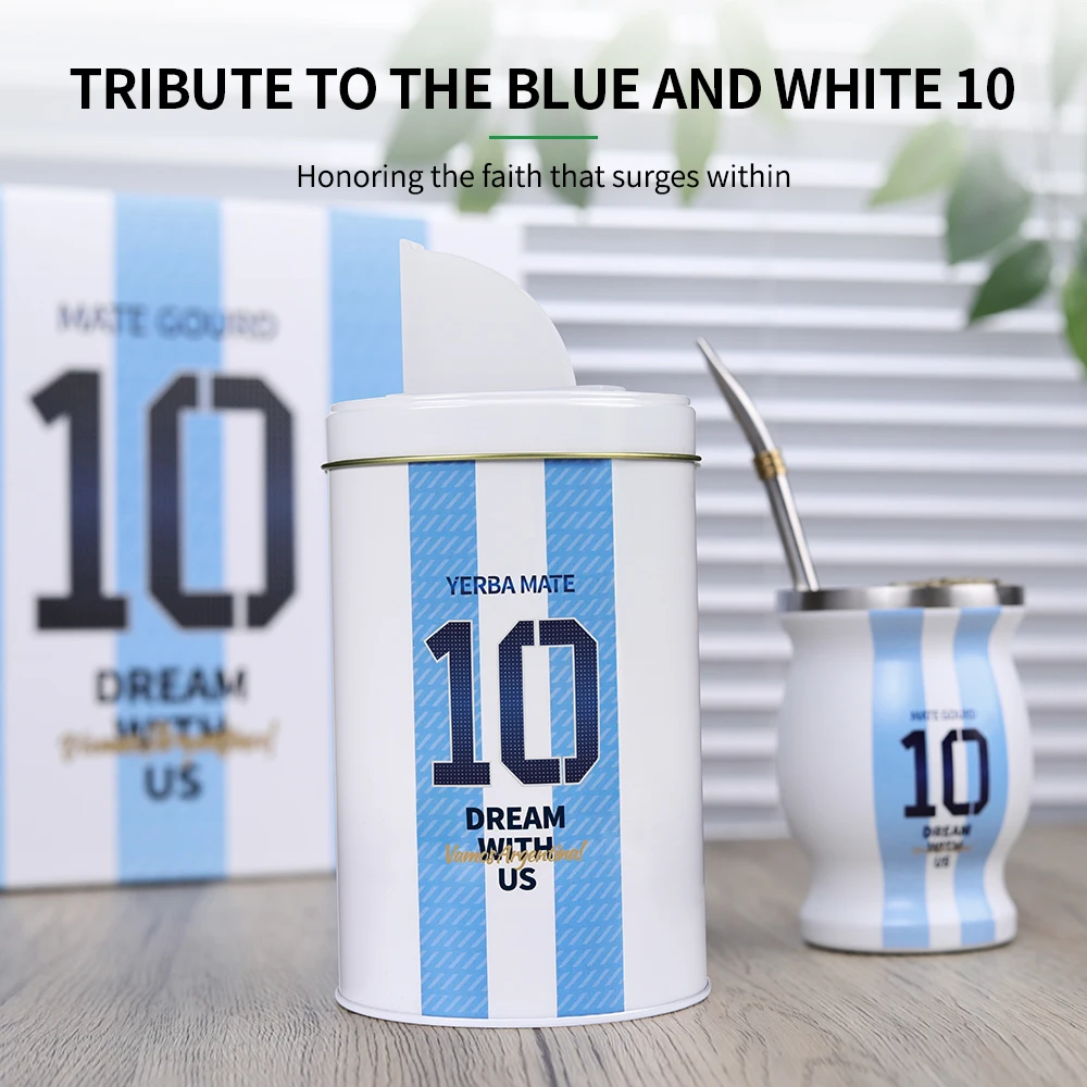 Yerba Mate Tea Cup Set, Included Argentina Football Captain No.10 Style Yerbero, Stainless Steel Mate Gourd and Bombilla Straw