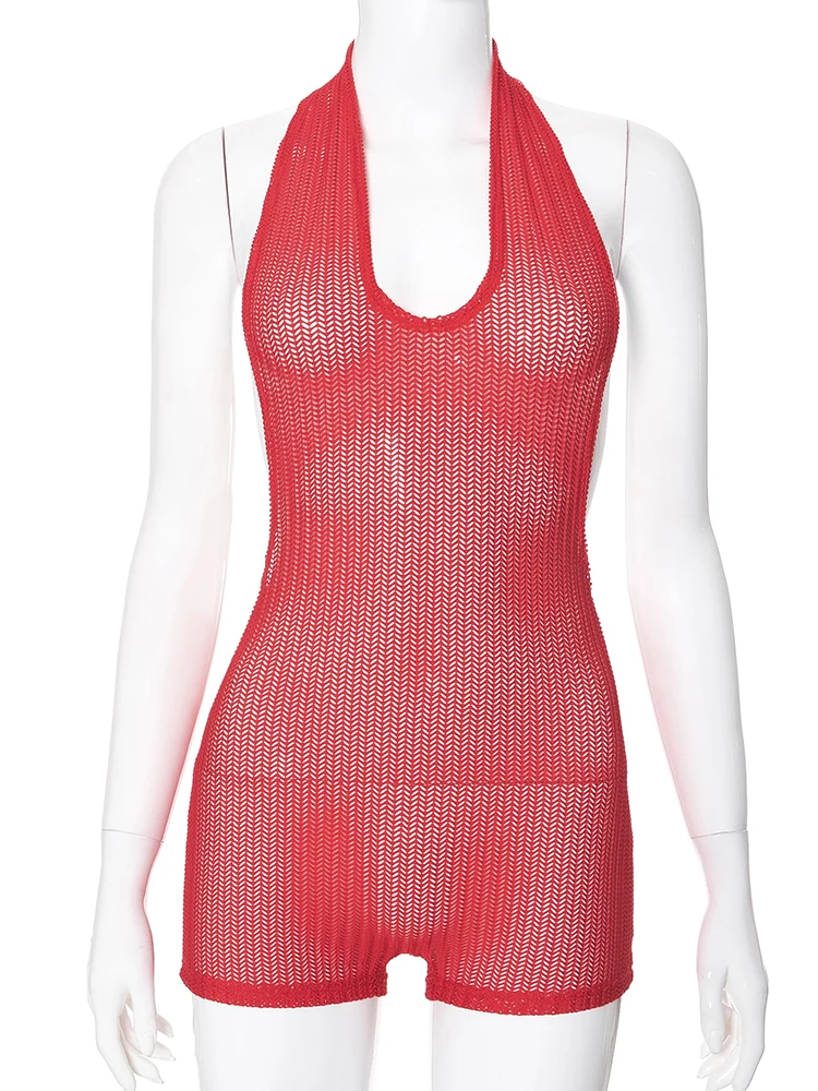 Weird Puss Backless Halter Rompers Women Thin Sexy Sleeveless Backless Stretch See Through Playsuits Midnight Clubwear Overalls