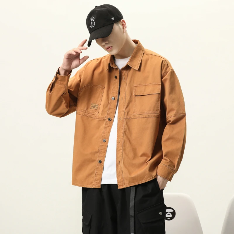 

Yellow Casual Cotton Work irt Men's Loose Long Sve Collared Jaet Spring Autumn Versatile Comfortable Japanese Trend Brand