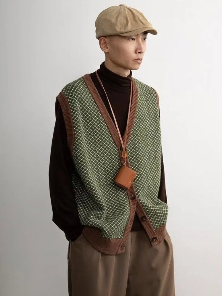 

Осенняя мода нейтрально-коричневый винтажный вязаный кардиган, жилет с v-образным вырезом, свитер унисекс, жилет для мужчин, повседневная многослойная верхняя одежда