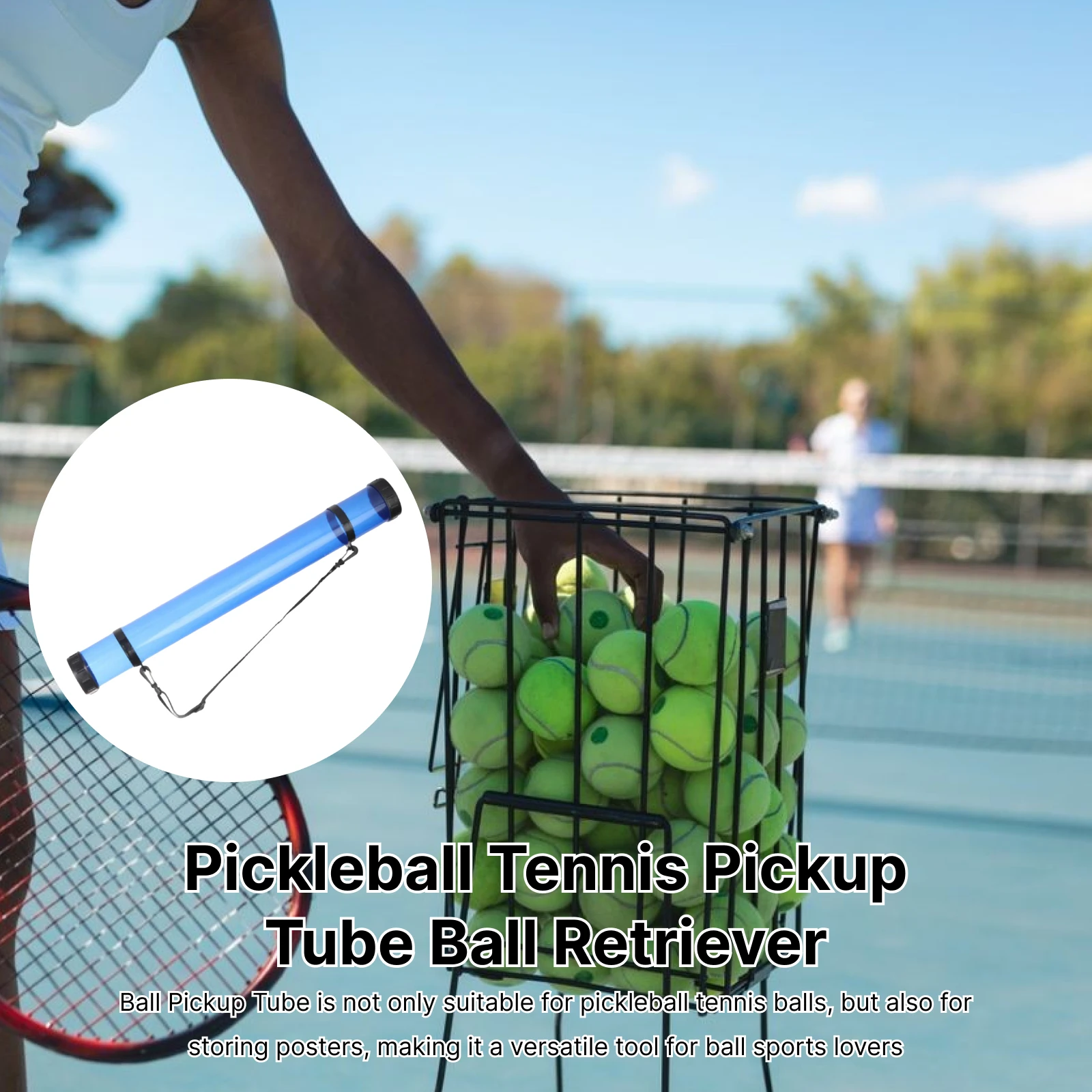Pickleball Tennis Pickup Tube Ball Retriever Picker Gym Pick up Tool Grabber w/ Shoulder Strap for Outdoor Sports Ball Training