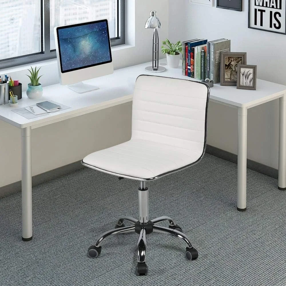 PU Leather Swivel Office Chair, Costas baixas, com nervuras, tarefa ajustável, Branco Desk Chair, Rodas, Licenciado