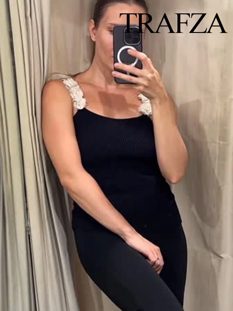 

TRAFZA Women Fashion Solid O-Neck Backless Sleeveless Knitted Top Female Summer Chic Flowers Decoration Sling Short Top Mujer