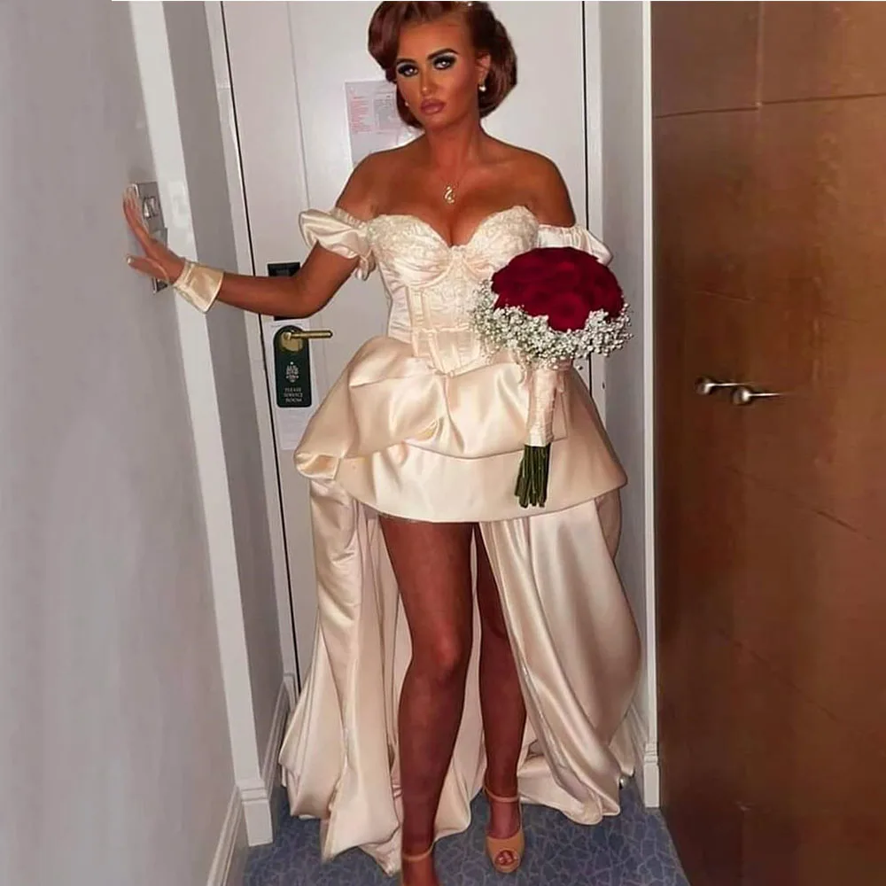 

Off The Shoulder Champagne Satin Cocktail Dress For Women Mini Short Cocktail Gown Appliques Party Gown Sleeveless With Train
