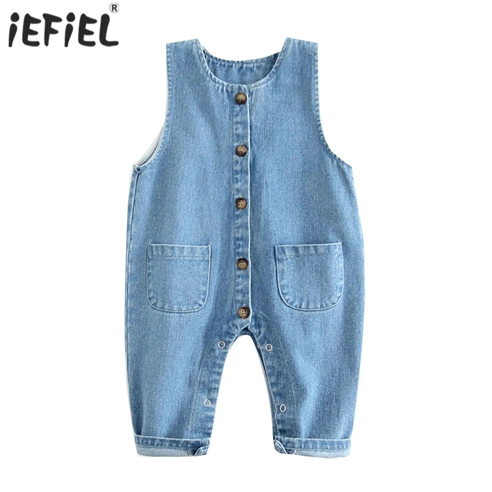 Little Kids Baby Girls Boys Denim Jean Overalls Rompers Toddler Casual Solid Color Button Sleeveless Summer Jumpsuit with Pocket