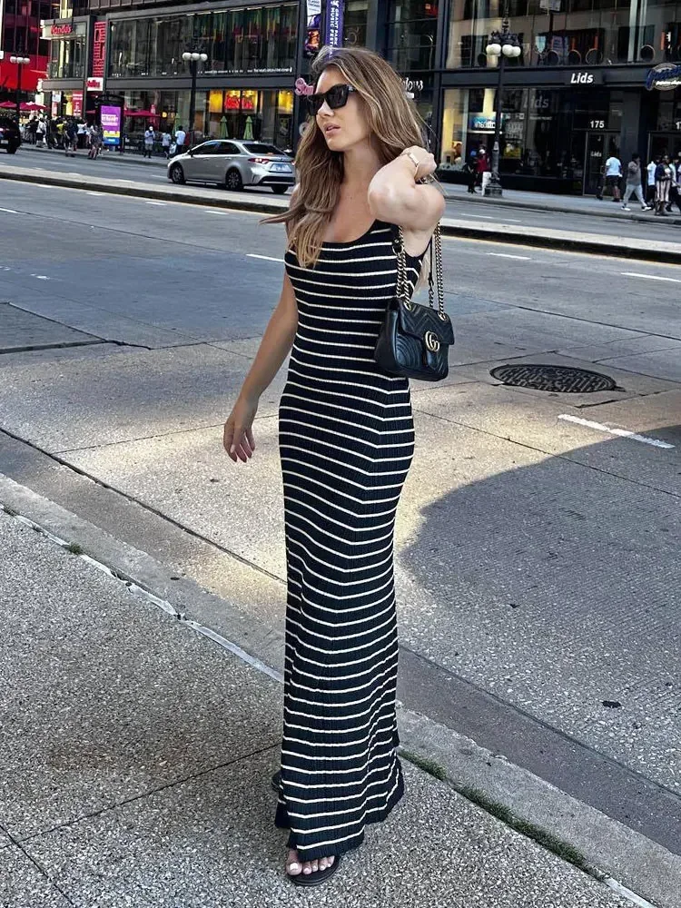 Sexy U Neck Sleeveless Knit Striped Slim Beach Maxi Dress 2024 Women y2k Streetwear Outfit Summer Casual Swimsuit Cover Up A2766