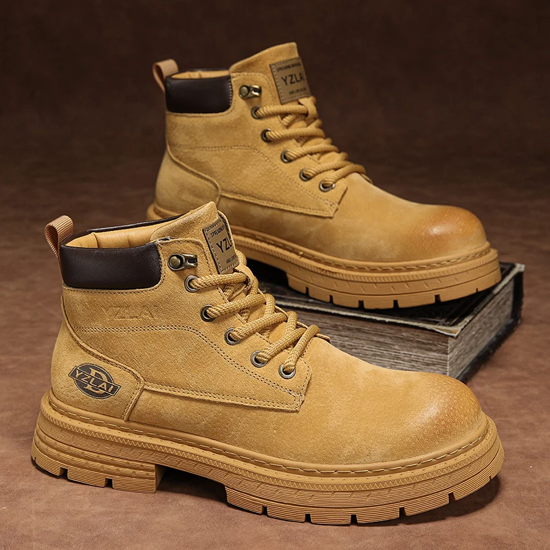 

New Spring Men Shoes Boots High Top Fashion Motorcycle Leather Shoes Outdoor Leisure Comfortable Boots Male Lace-Up Botas