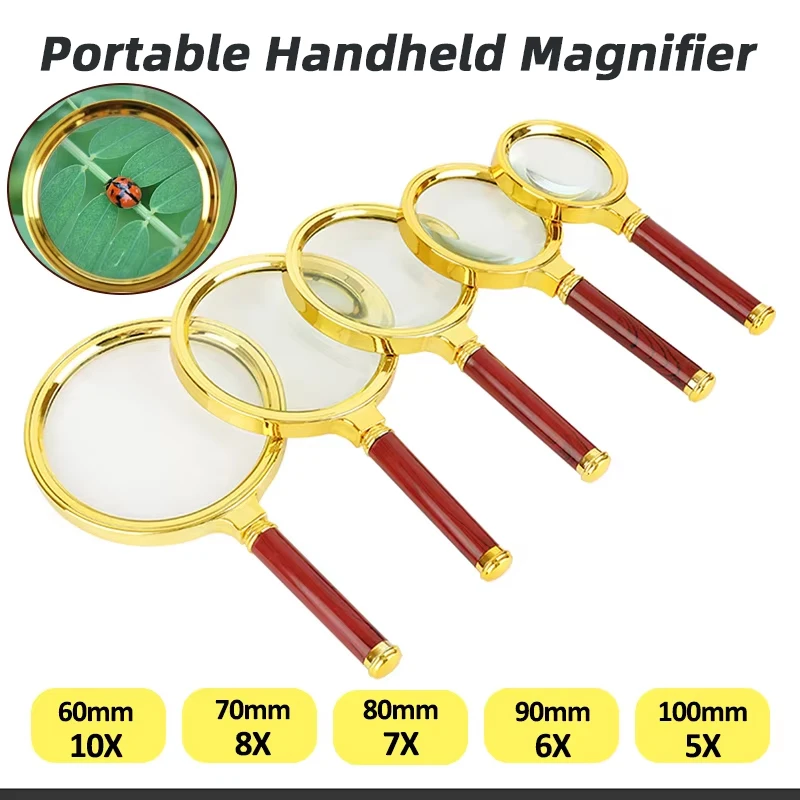 60/70/80/90/100mm Portable Handheld Magnifier 10X/8X/7X/6X/5X Magnifying Glass Retro Handle Magnifier Reading Magnifying Glass