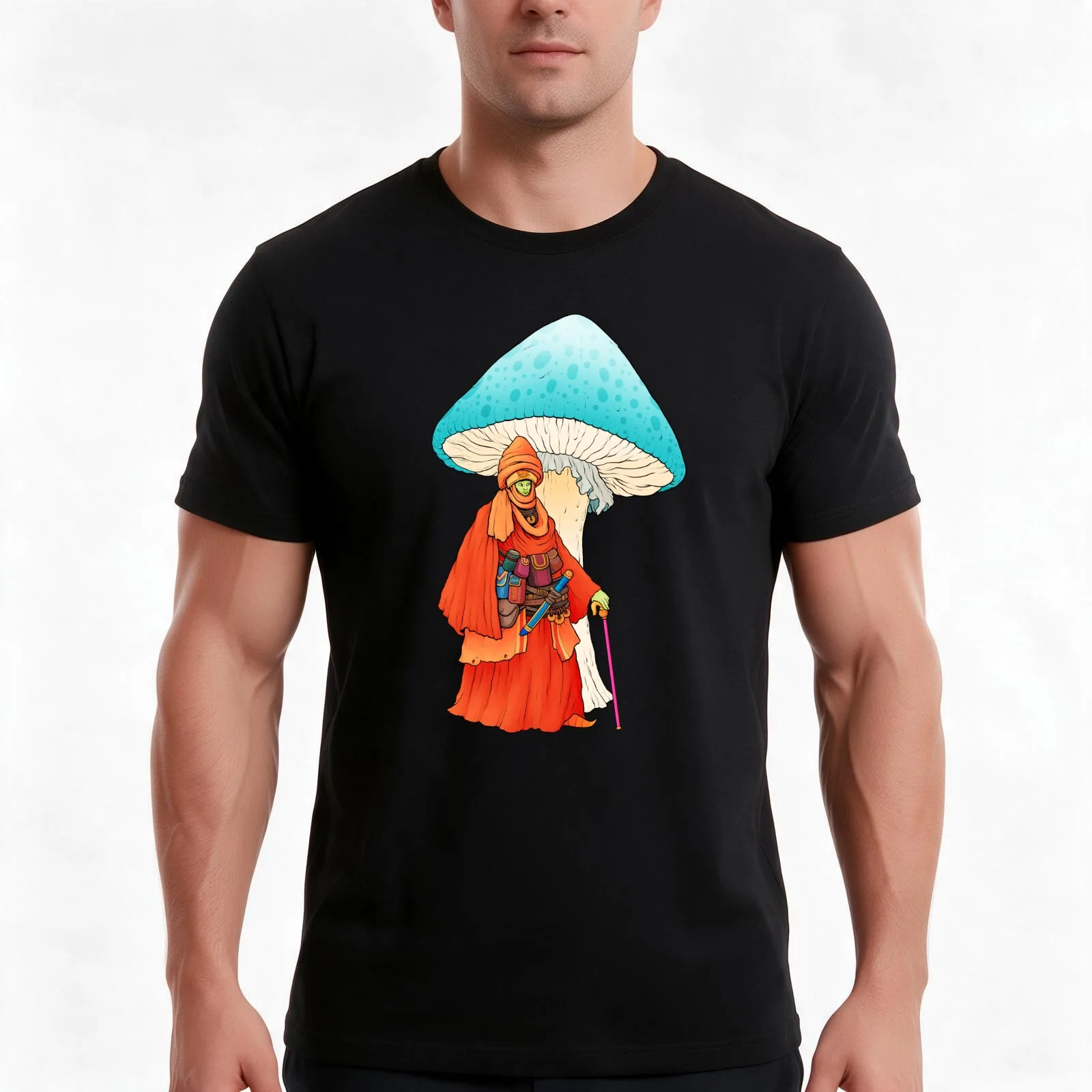 Shroom Wizard T-Shirt, Summer Casual Cotton Tee, Oversized Streetwear Tops, Vintage Graphic Print, Loose Fit Short Sleeve