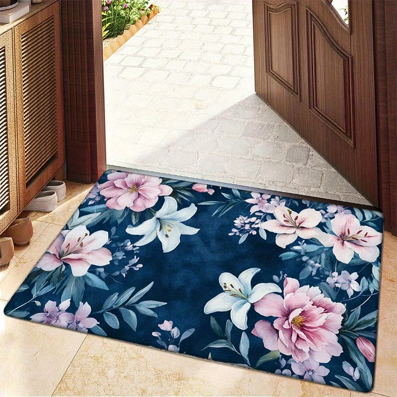 1pc Navy blue floral pattern doormat, made of polyester fabric, machine washable, suitable for bedroom and living room décor.