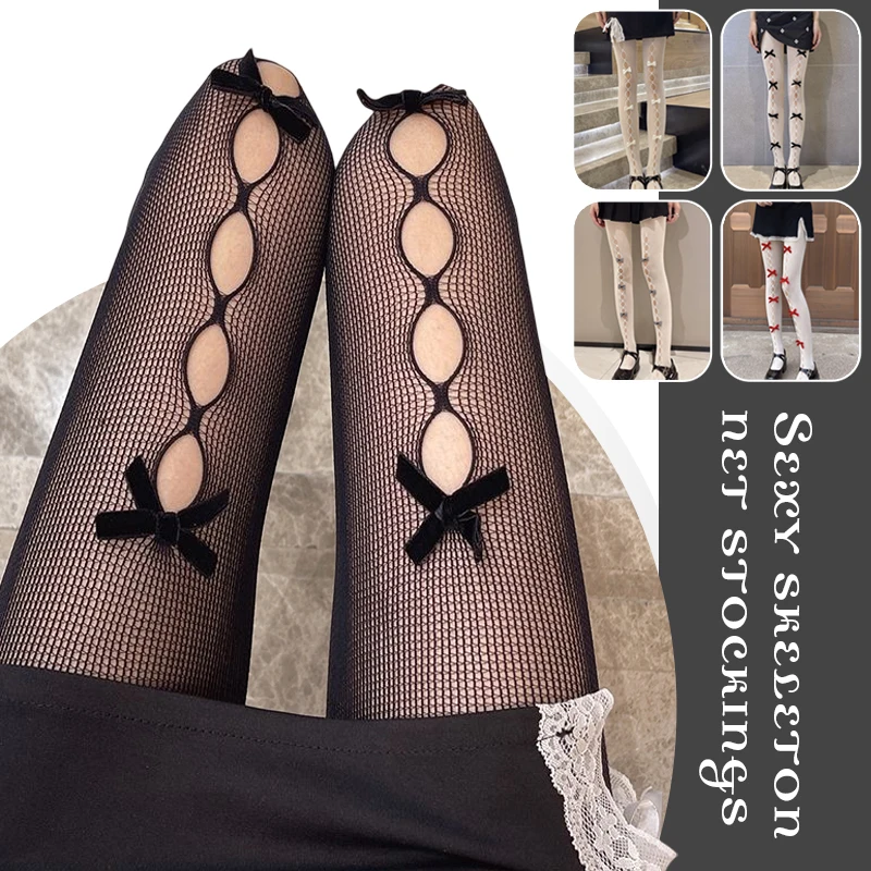 New Spring Summer Bowknot Hollow Out Pantyhose Sexy Thin Lace Tights Japanese Korean JK Fishnet Silk Stocking Women 9 Style