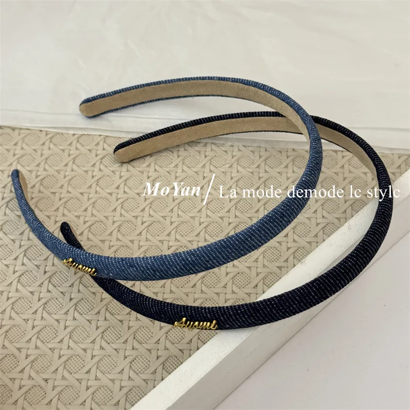 Korean simple metal letter mark denim headband high-end sense retro versatile thin headband new out pressure hairhoop