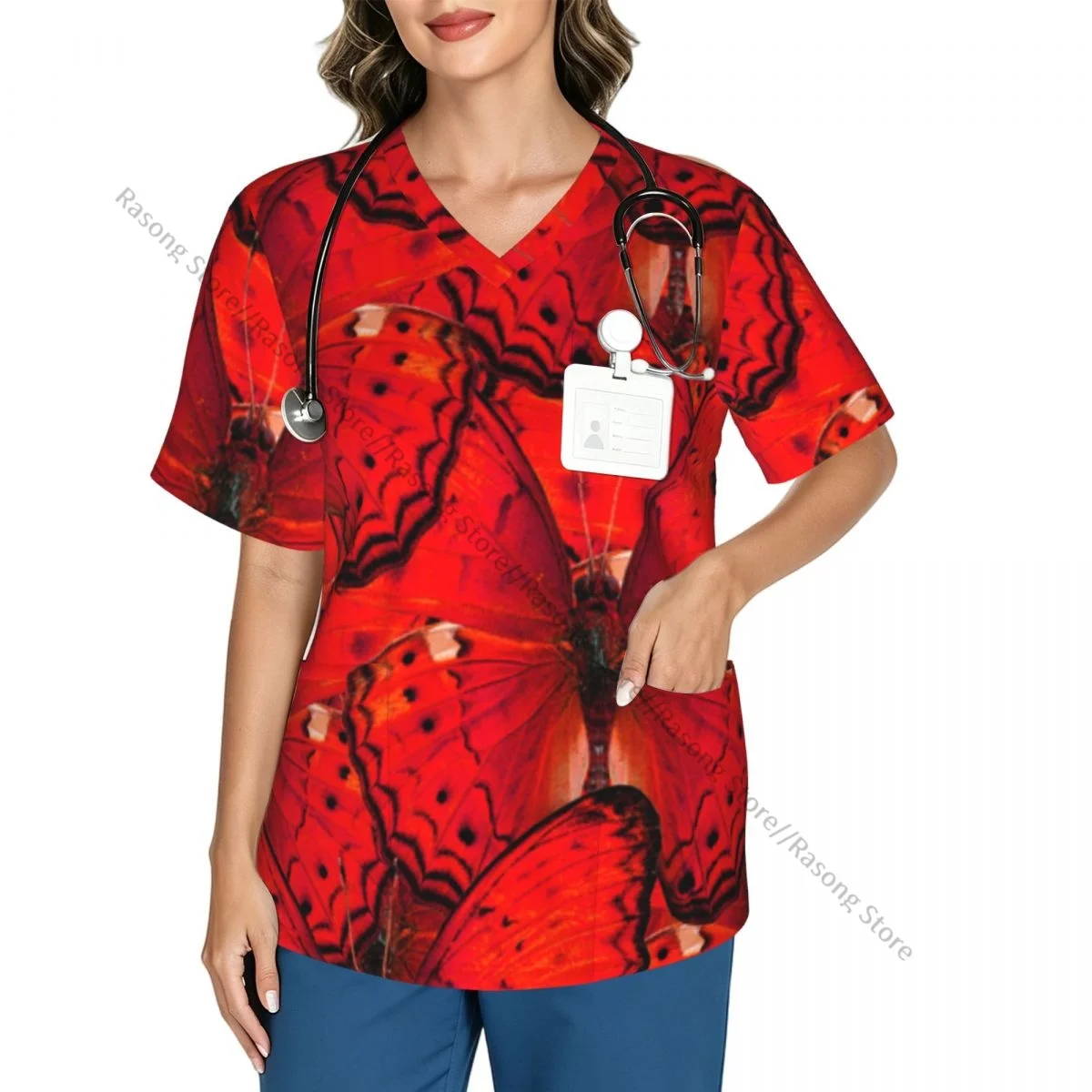 Women Scrub Top Yeoman Butterfly Cirrochroa Wing Texture Short Sleeve Nurse Hospital Uniform Female Working Clothes with Pocket