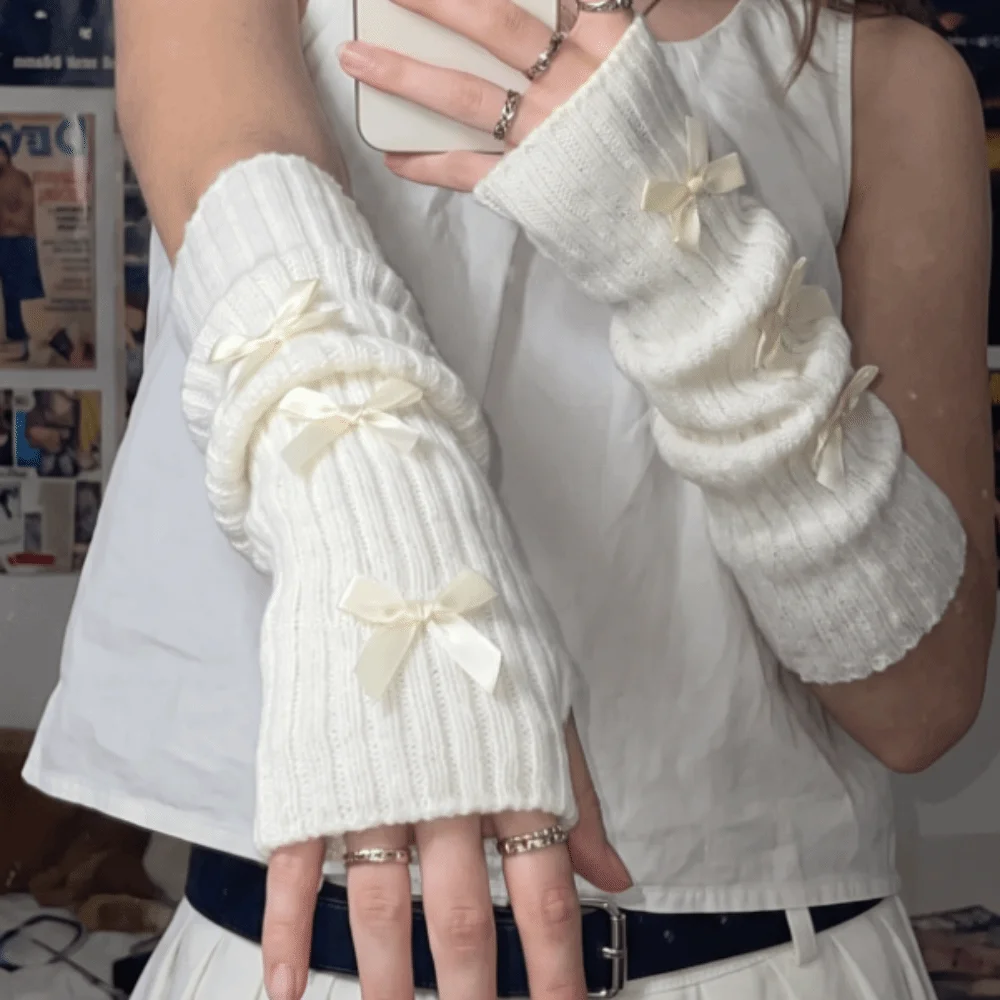 Preppy Slouchy Bow Knitted Arm Warmers Long Stacked Y2K Fingerless Gloves Windproof Warm And Comfortable Wrist Cuffs Street