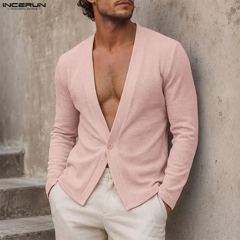 INCERUN Men's Blazer Solid Color V Neck Long Sleeve One Button Casual Blazer For Man Streetwear 2026 Vintage Male Suit Autumn