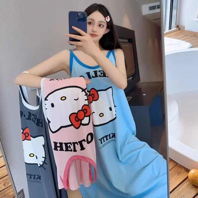 

Новая летняя милая и милая ночная рубашка Sanrio с героями мультфильмов Hello Kitty, домашняя одежда, летние крутые подтяжки, синяя ночная рубашка Hello Kitty