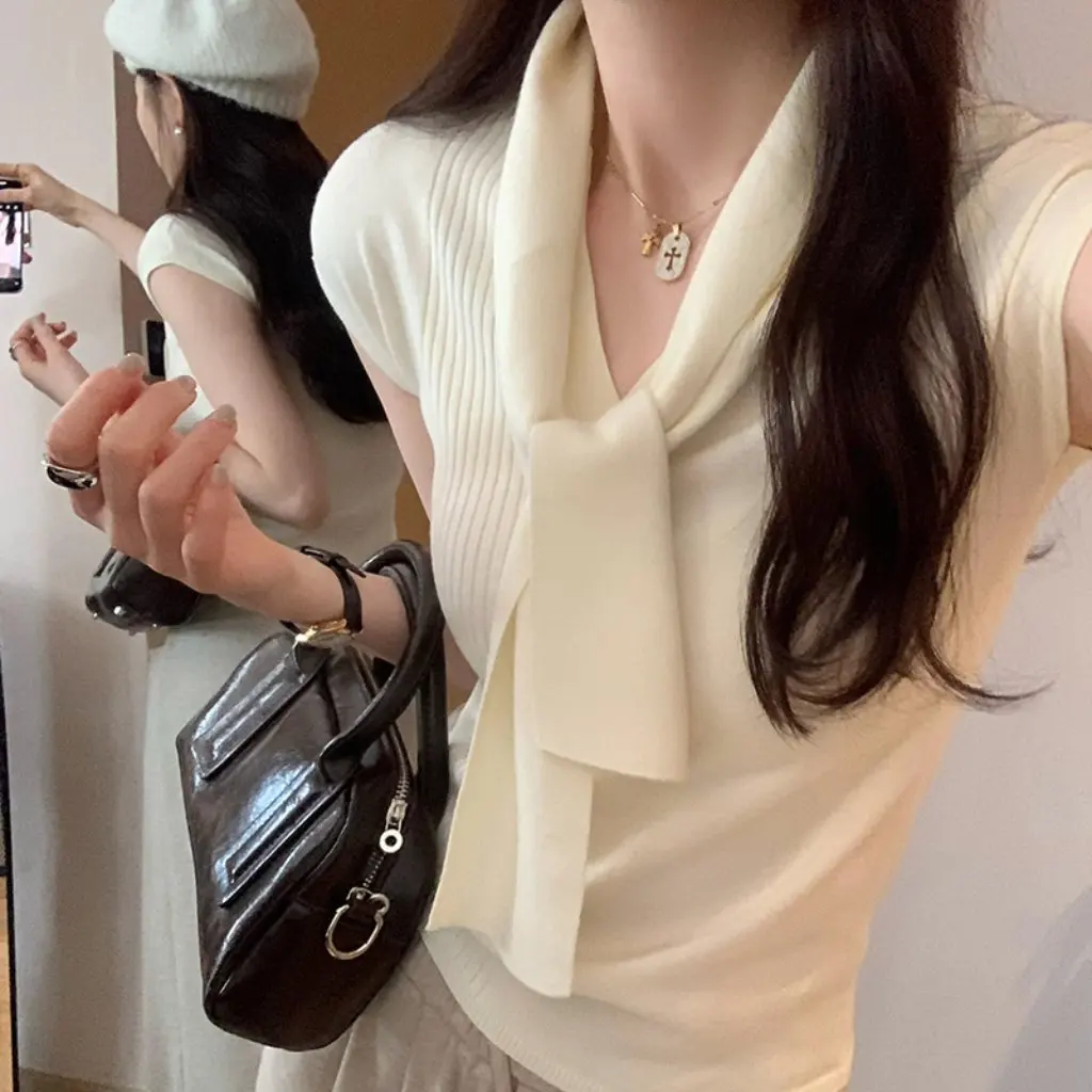 

Women's Korean Style Chic French Lace-Up Sleeveless Sweater Spring Summer New Outer Wear Inner Base Vest Top