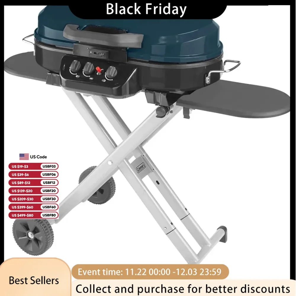 Portable Stand-Up Propane Grill, Gas Grill with 3 Adjustable Burners &  Push-Button Ignition; Great for Camping, Tailgating, BBQ