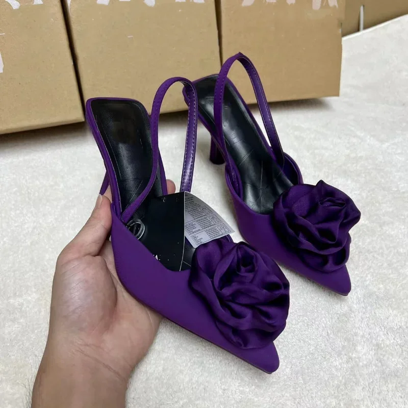 

Ladies Pumps Plus Size Flower Designer Elegant Pointed Toe Luxury Slingback Slip on High Heeled Fashion Mules women Dress Shoes